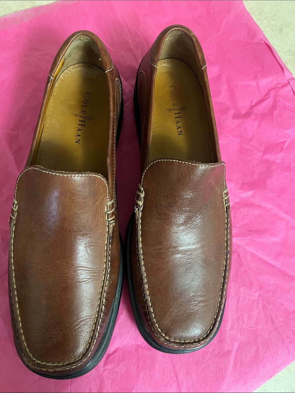 Cole Haan Brown Leather Slip-On Loafers with Contrast Stitching